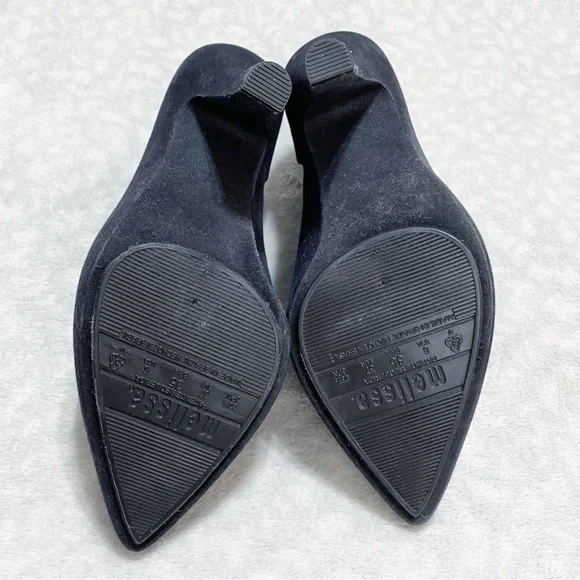 Melissa Black Bootie Drama Flocked Velvet Pointed Toe Heel Ankle Boot Fuzzy - Picture 5 of 12